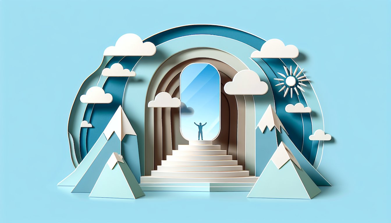 Paper art style split face showing confident smile and boastful grin on sky blue background for self confidence quiz
