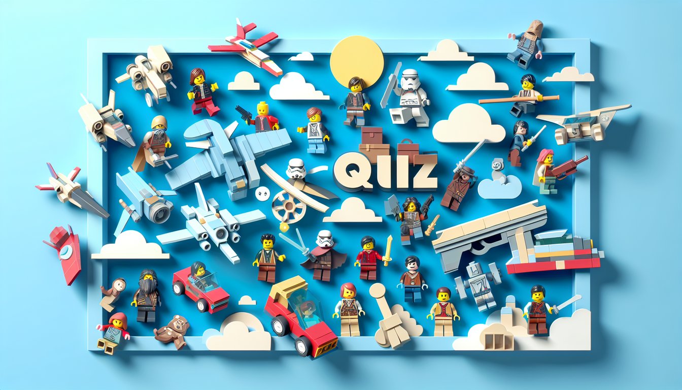 Paper art illustration for Lego character quiz on sky blue background