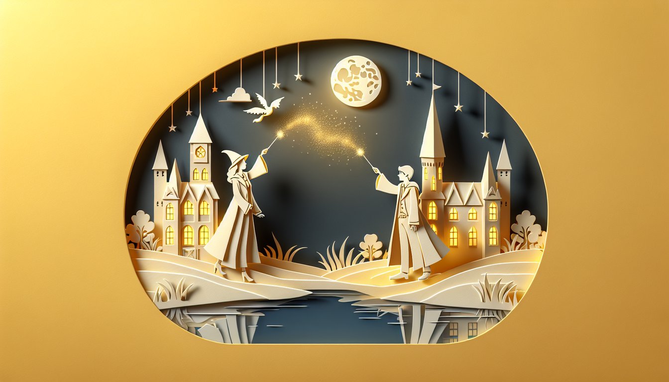 Paper art illustration for Harry Potter boyfriend quiz revealing Hogwarts match on golden yellow background