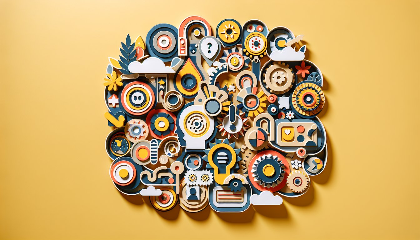 Paper art illustration of playful Blitzers characters and hearts on a golden yellow background for a personality quiz