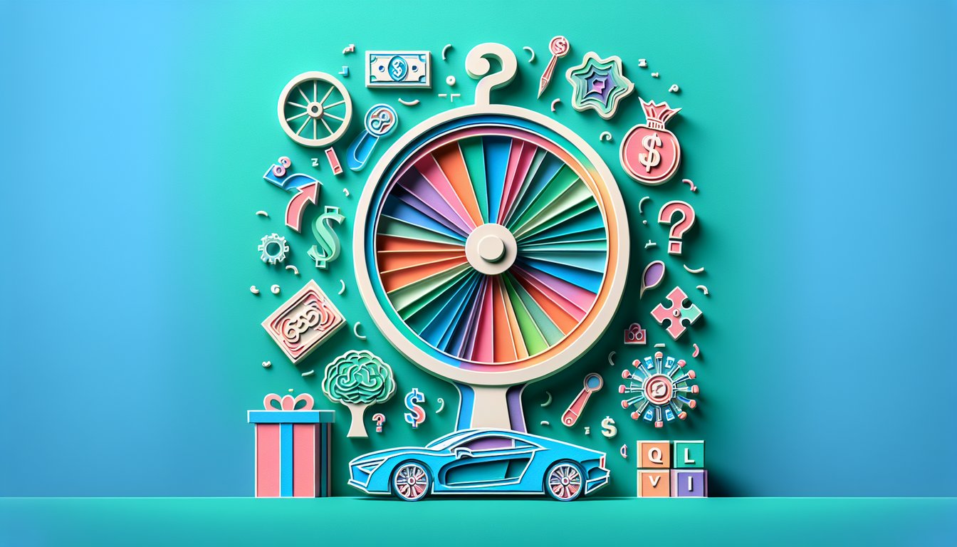 paper art illustration showing spinning wheel puzzle letters quiz icons on teal background