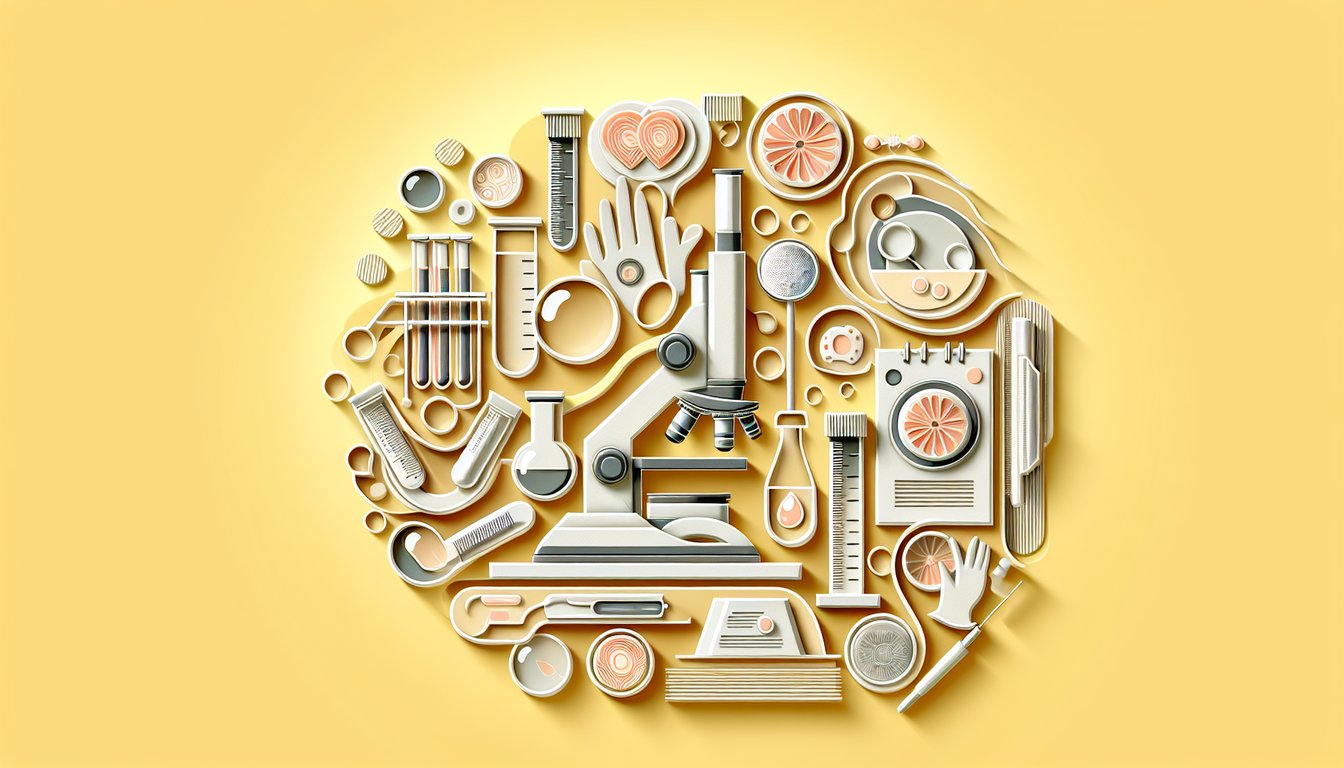 Paper art illustration for histopathology quiz on golden yellow background