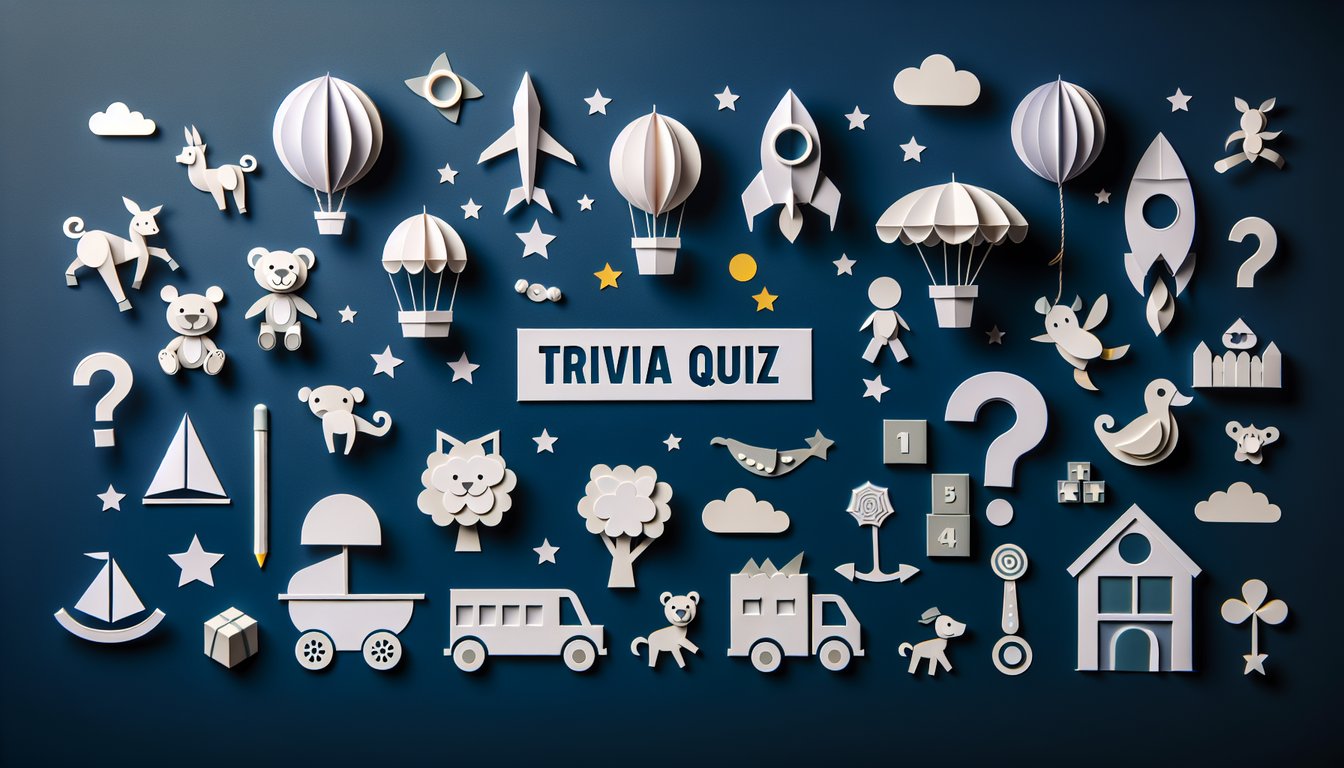 Colorful paper art featuring elements related to childhood for a trivia quiz