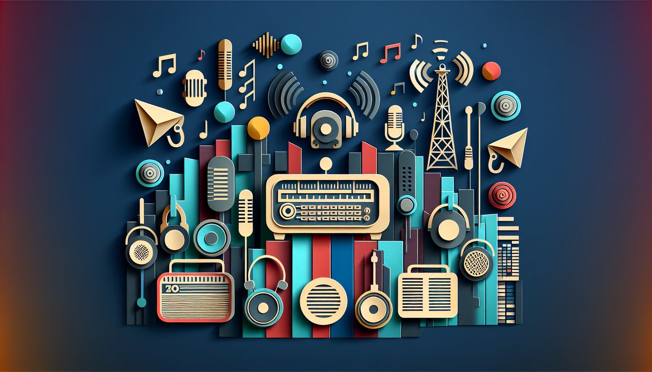 Colorful paper art depicting elements of a radio listener trivia quiz.