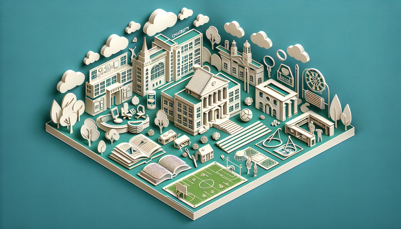Paper art illustration of open book campus buildings graduation cap compass markers for college quiz on teal background
