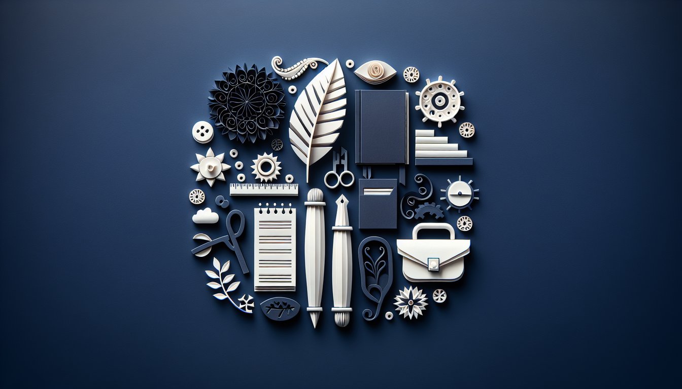 Colorful paper art depicting elements related to English Grammar and Business English Quiz