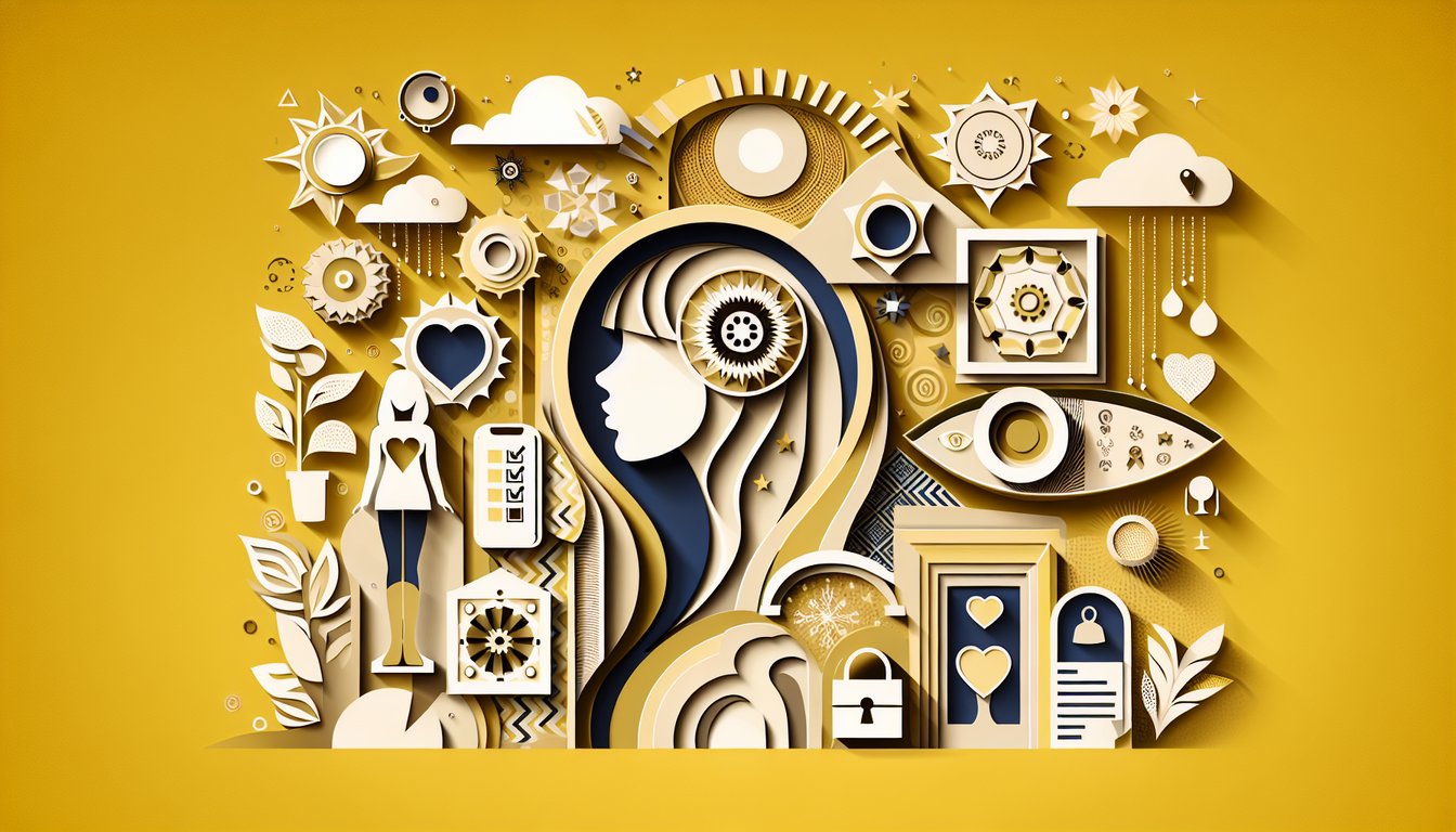 Paper art illustration for a personality quiz to discover your girl type on a golden yellow background.