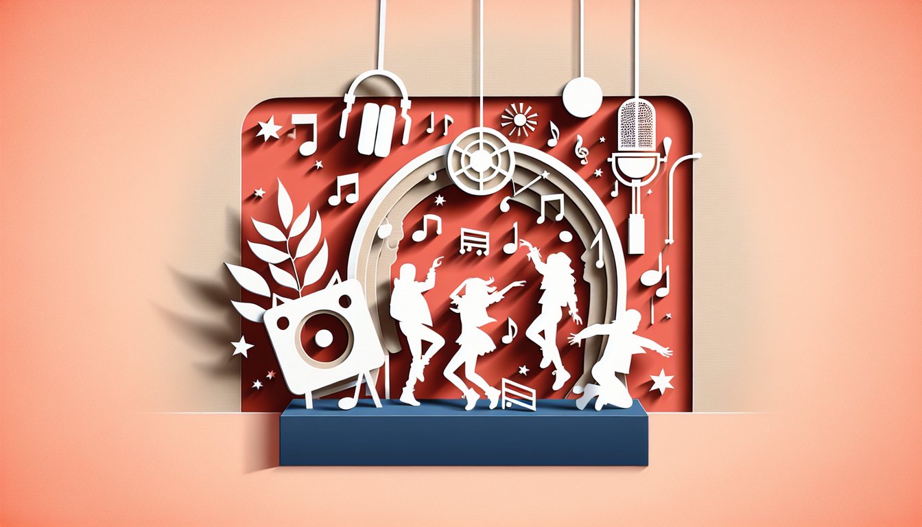 paper art silhouettes of kpop idols mic hearts on coral background for kpop personality quiz