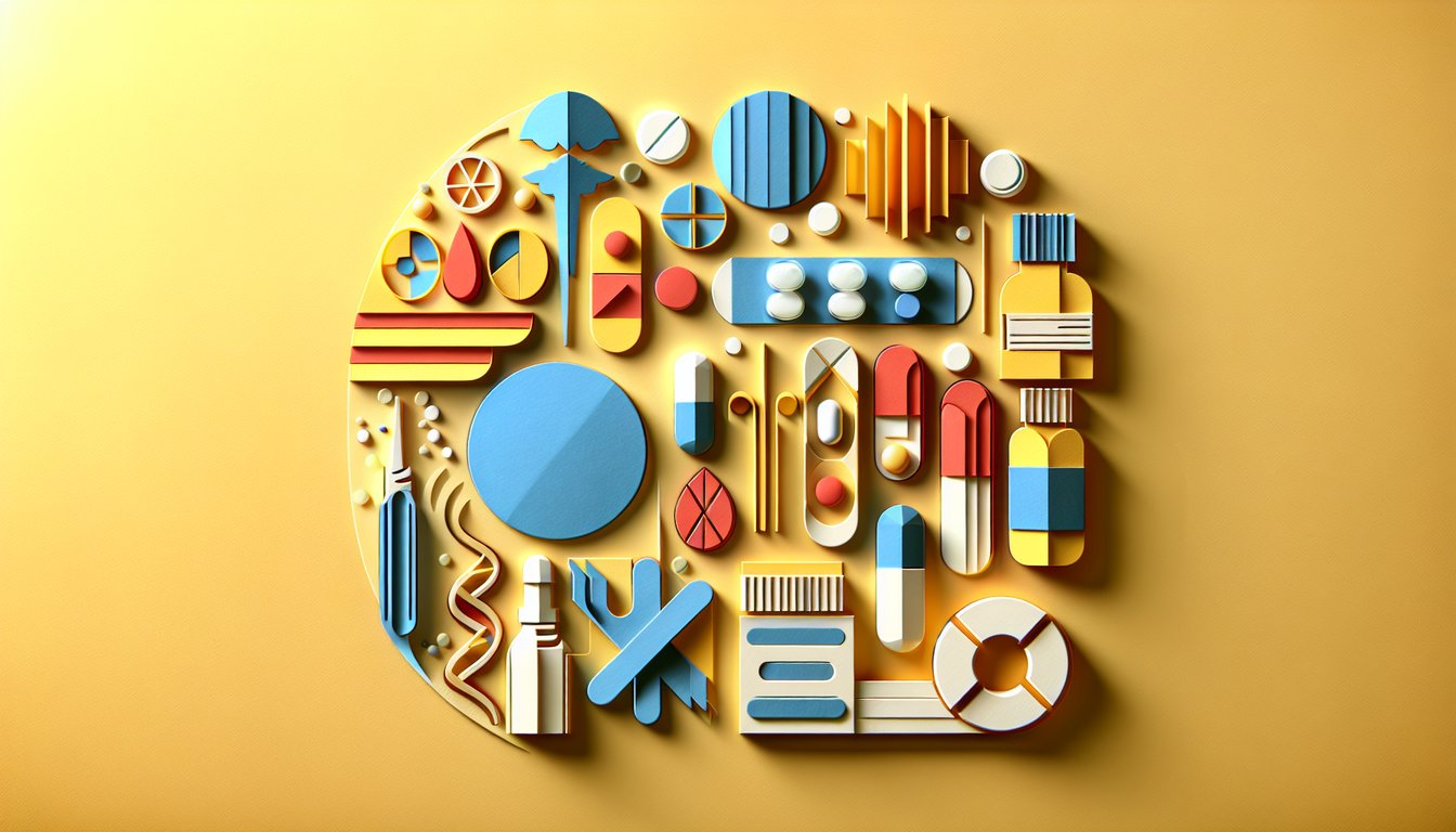 Paper art illustration for pharmacology quiz on golden yellow background with pills molecules syringe Atropine Nifedipine