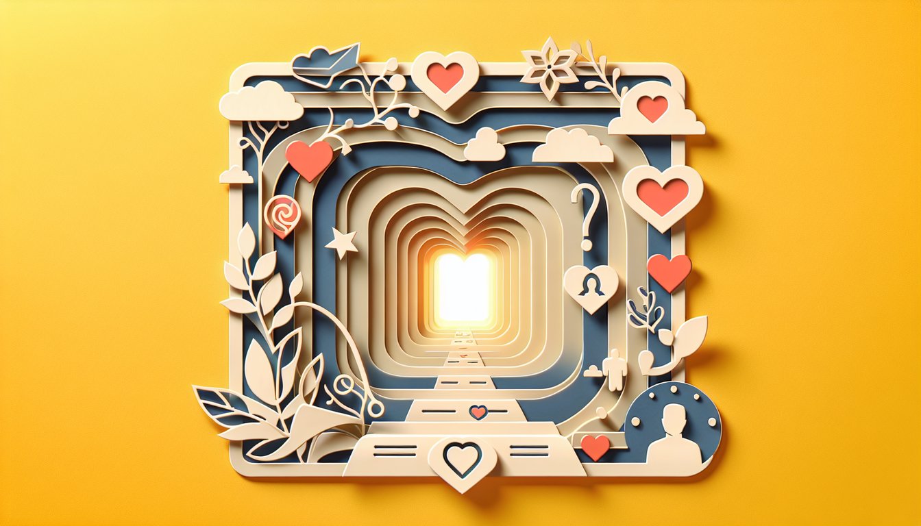 Paper art illustration for Am I Unlovable personality quiz on a golden yellow background