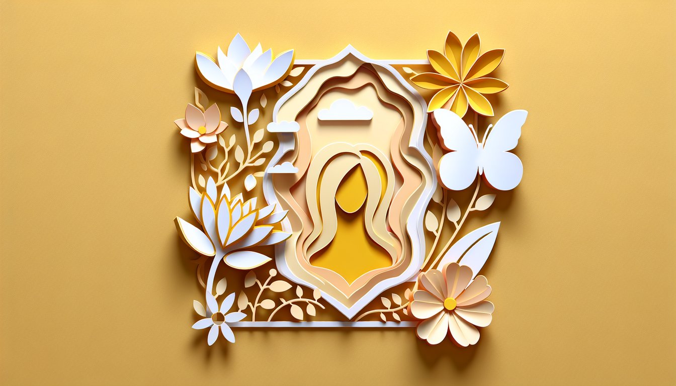 Paper art illustration for self-image quiz on golden yellow background