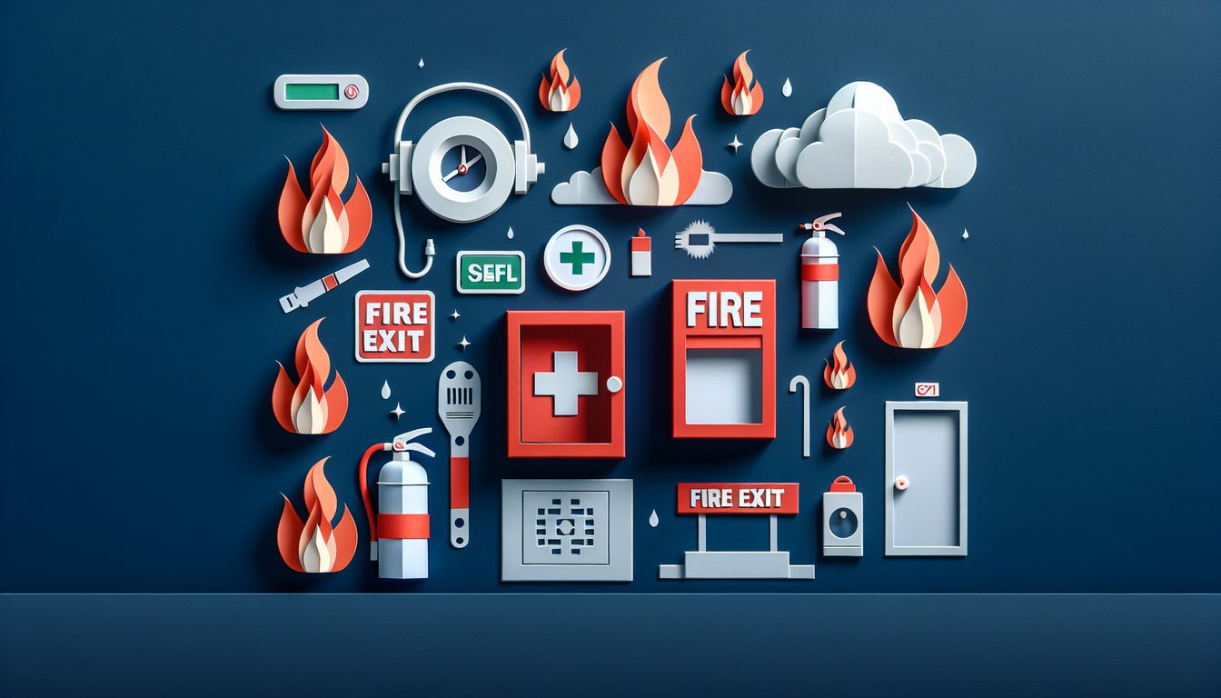 Colorful paper art illustrating a quiz on Employee Fire Safety Knowledge Test