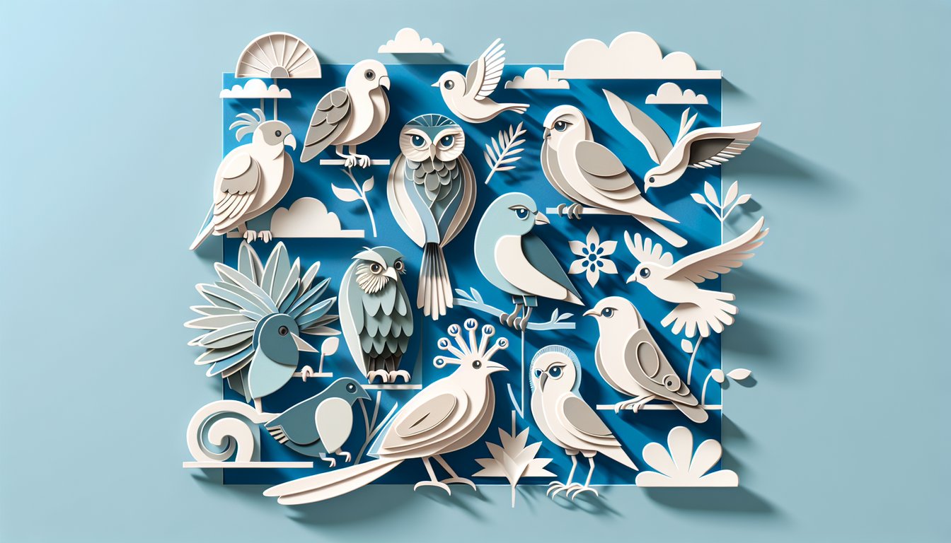 Paper art birds circle bold quiz title on sky blue background for free pet bird personality quiz