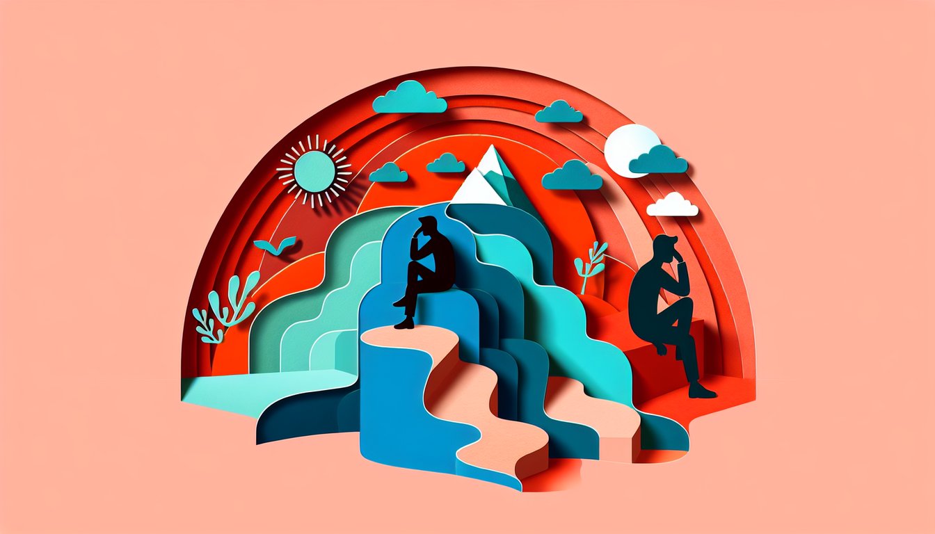Paper art scene of a person breaking through torn paper layers symbolizing self sabotage quiz challenge on coral background