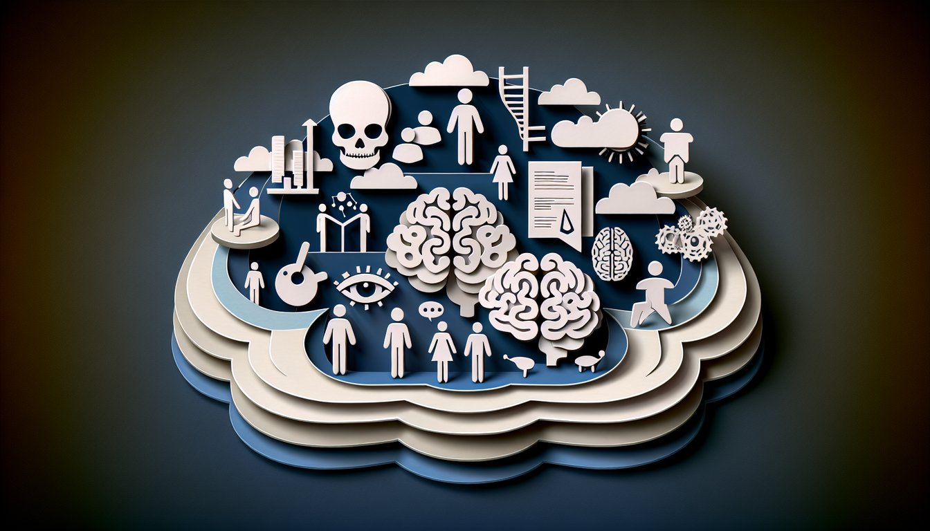 Paper art illustration for Anthropology Psychology and Sociology quiz on dark blue background