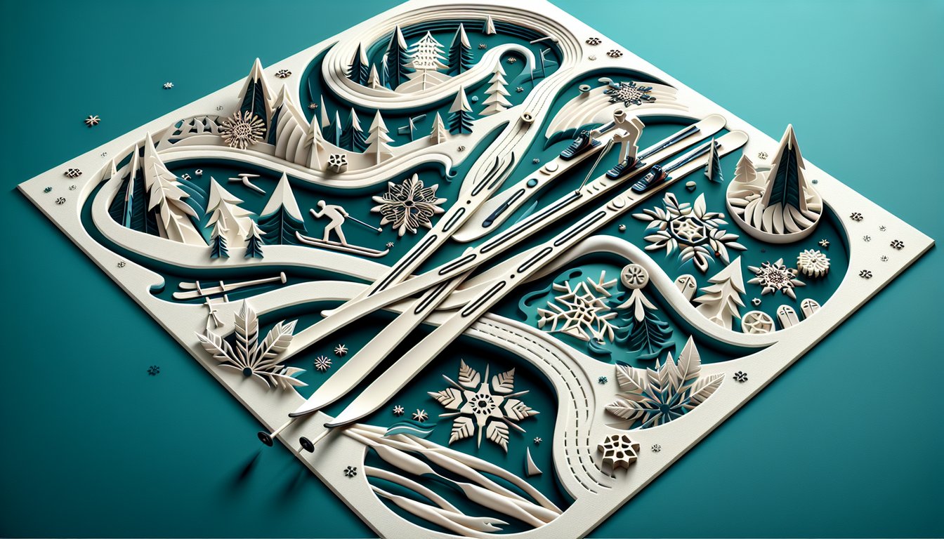 Paper art style cross country skier gliding on snow next to ski trivia quiz text on teal background