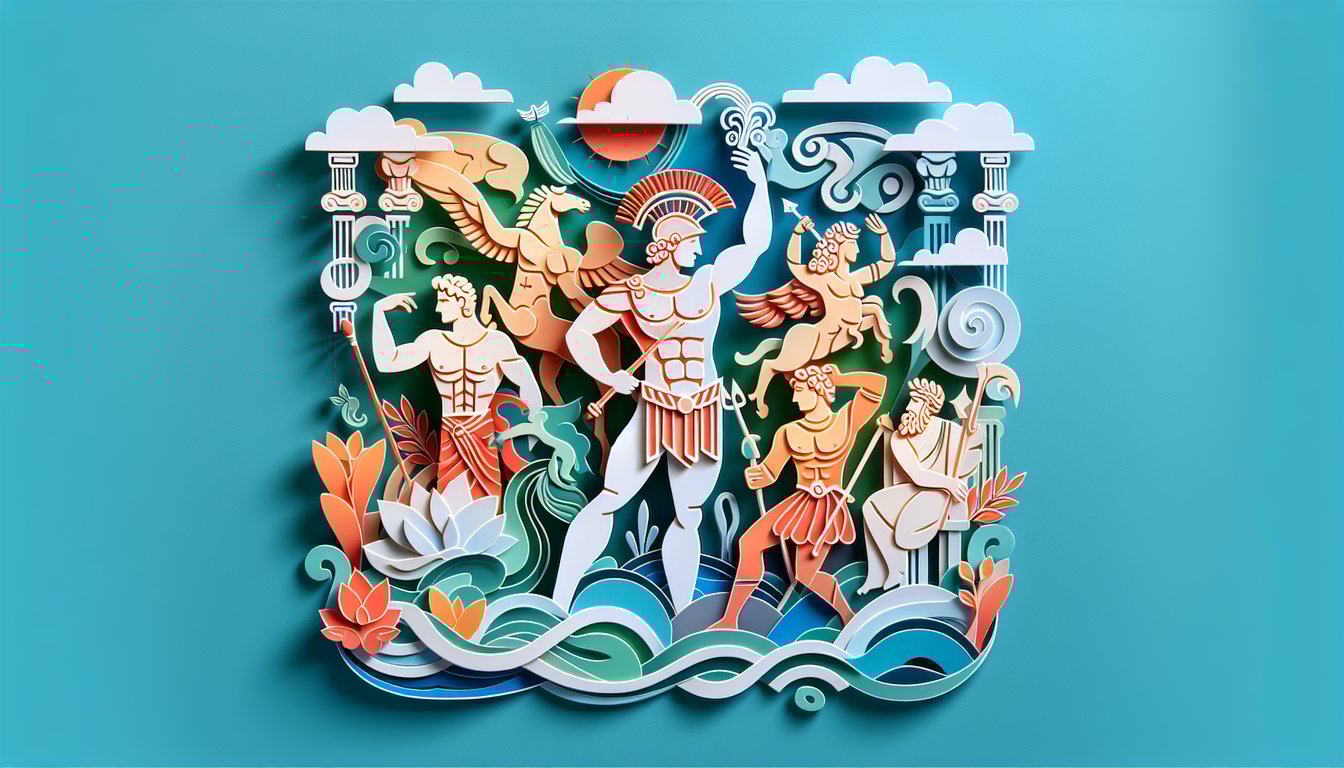 Paper art illustration for Greek Mythology Quiz featuring gods, goddesses, and heroes on a teal background.