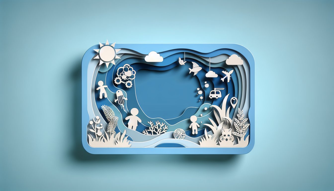 Paper art illustration for Pixar character personality quiz on sky blue background