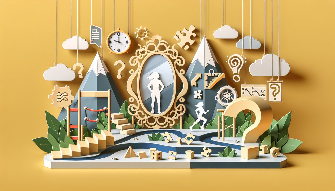Layered paper art shapes forming Am I Cool quiz title with question marks and stars against golden yellow background.