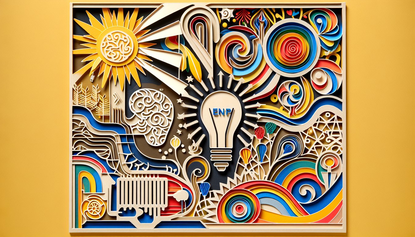 Paper art illustration for ENTP vs ENFP personality quiz on a golden yellow background.