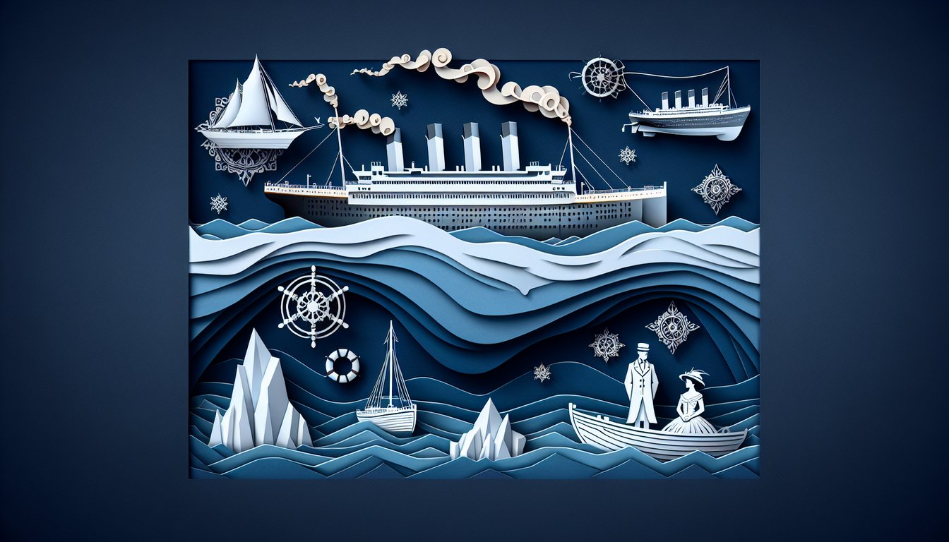 Paper art illustration of Titanic ocean liner and lifeboats on dark blue background for trivia quiz.