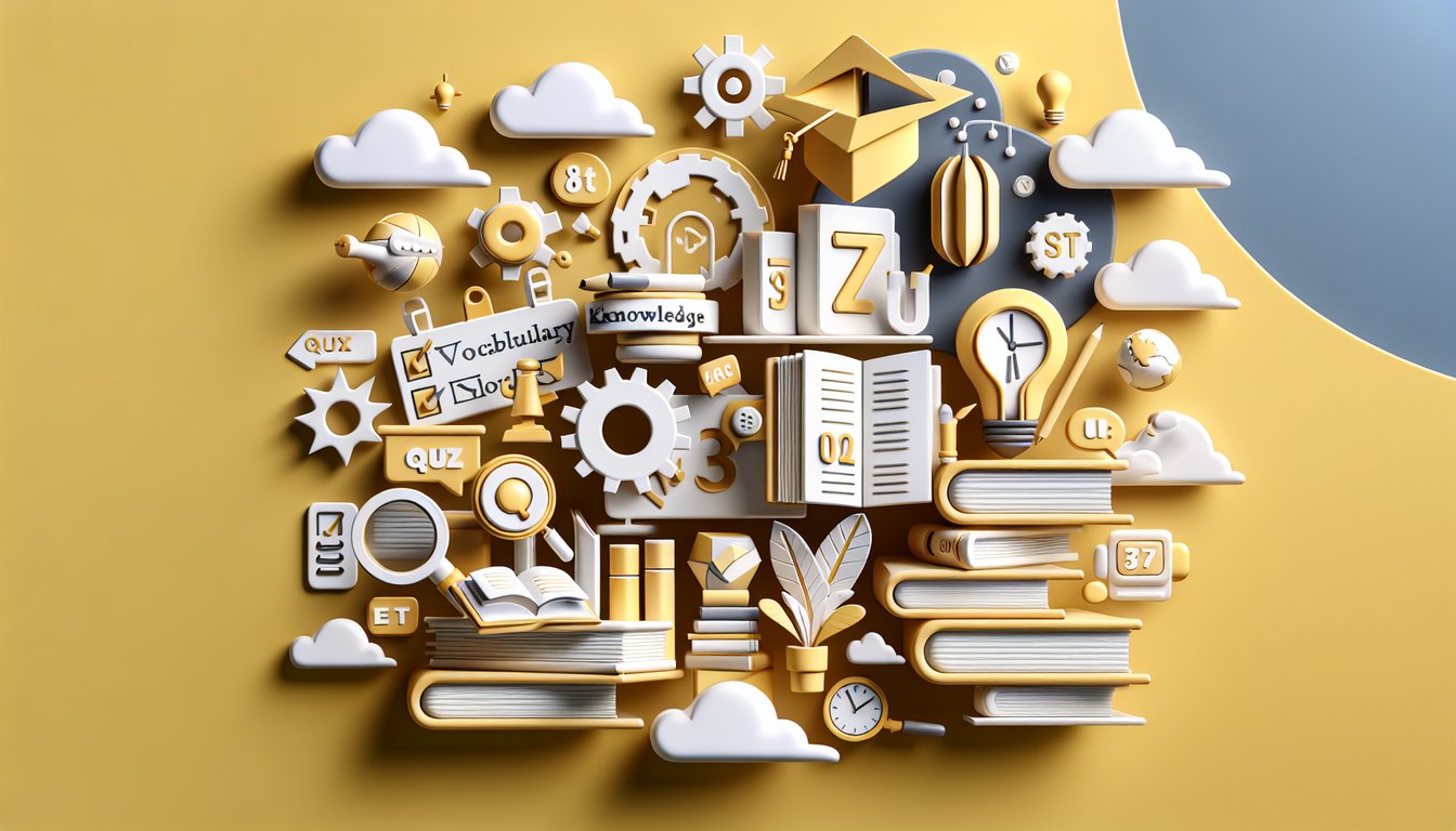 Paper art SAT vocab quiz on golden yellow background with charismatic synonyms antonyms and word usage challenges
