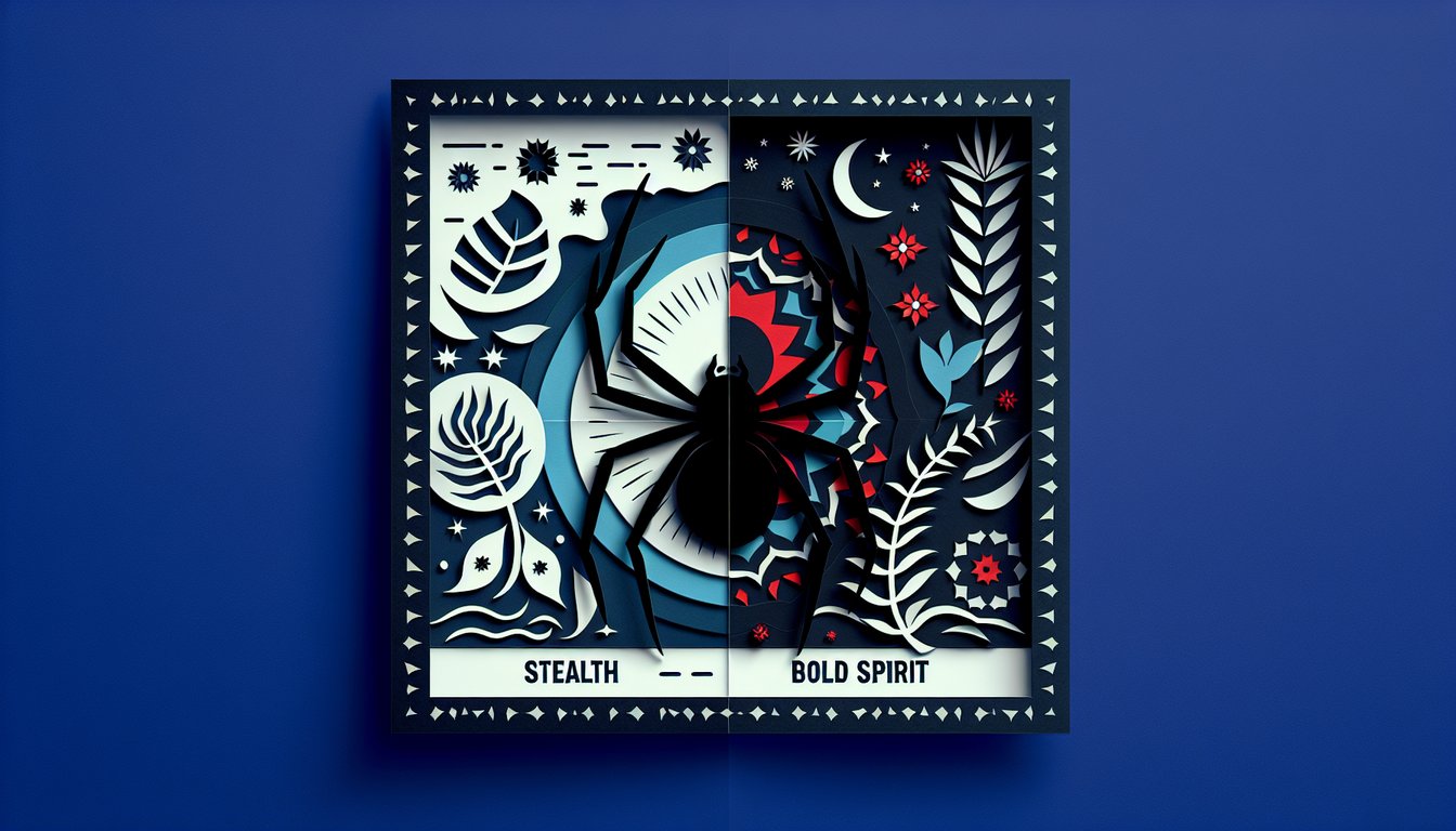 Paper art style silhouettes of spies Natasha stealth and Yelena bold spirit on dark blue quiz banner