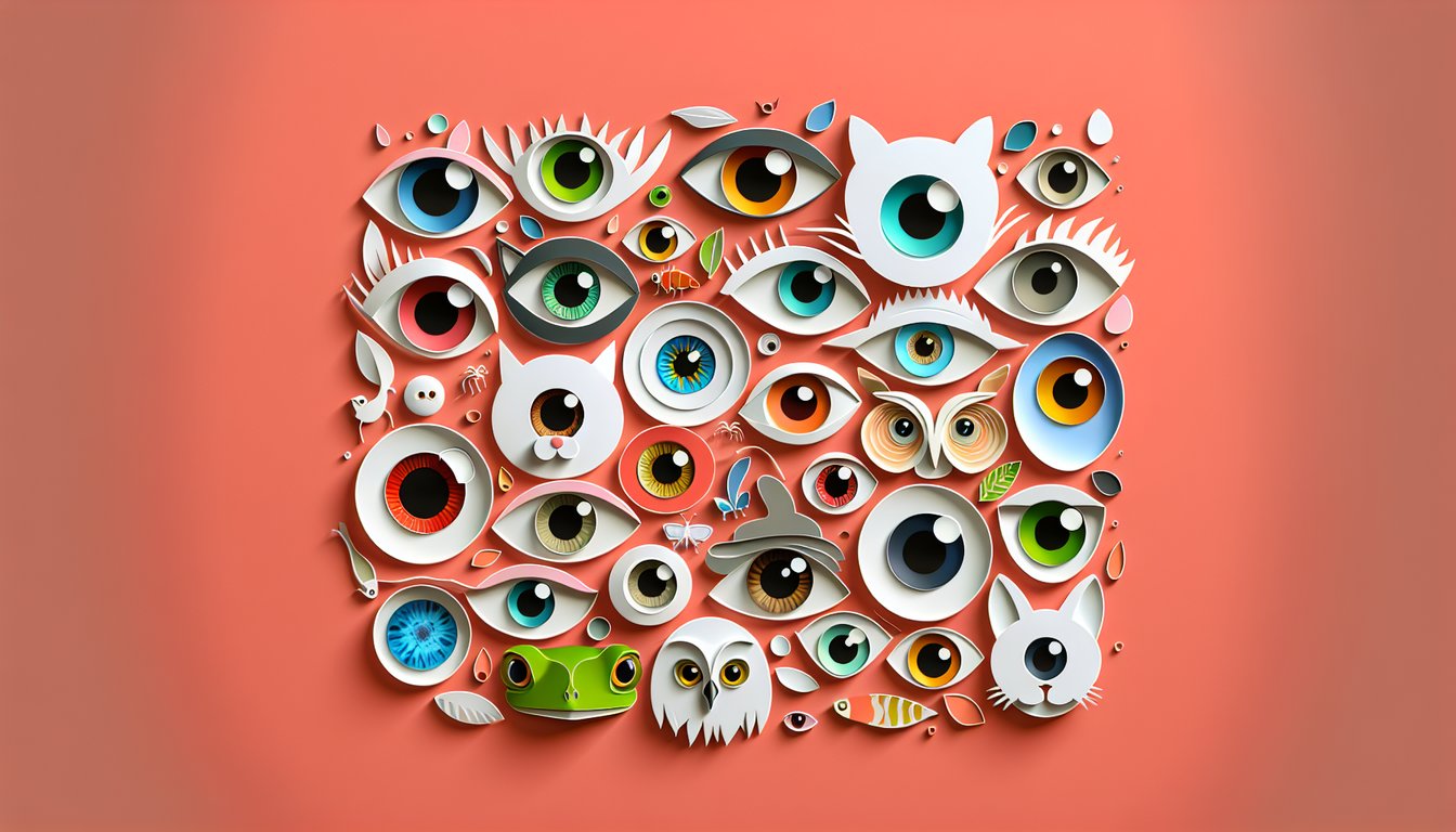 Paper art illustration of diverse animal eyes layered on coral background inviting quiz on matching your vision