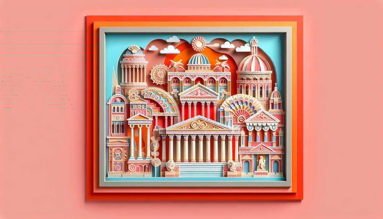 Paper art illustration promoting a museum quiz on coral background with stylized exhibits and decorative text.