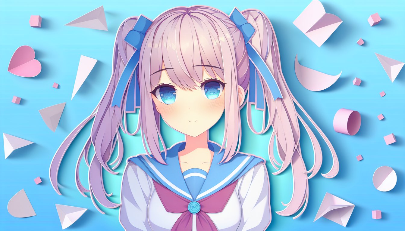 Paper art illustration for Yandere personality quiz on a sky blue background