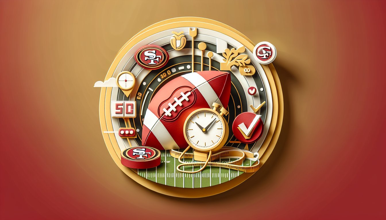 Paper art illustration of football helmet, question marks, 49ers trivia quiz invitation on golden yellow background