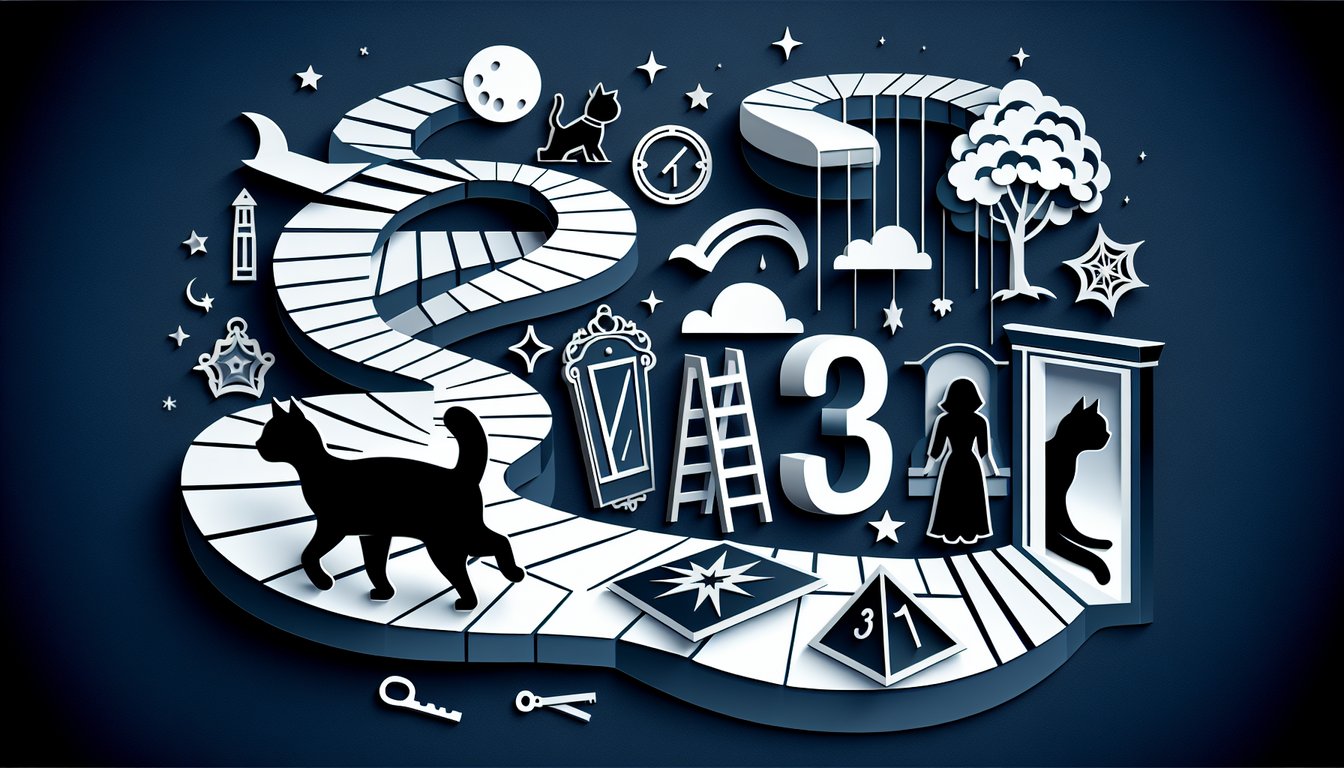 Paper art black cat broken mirror horseshoe on dark blue background inviting superstition trivia quiz on spooky beliefs