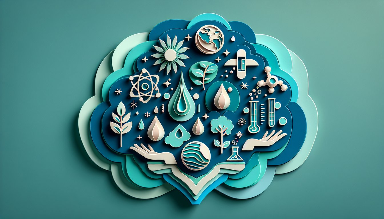 Paper art of cell dna plant animal test tube icons symbolizing eight life characteristics on teal background