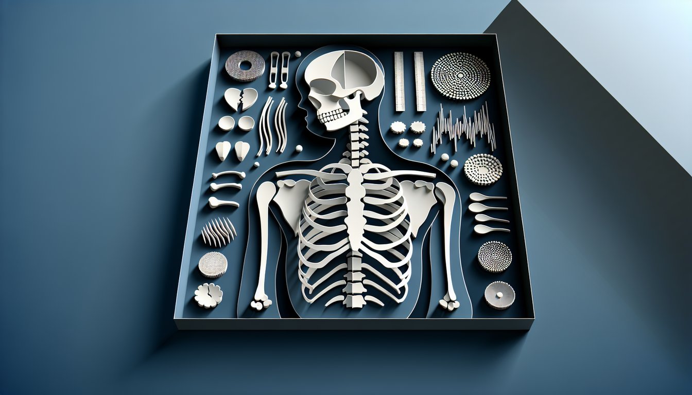 Paper art showing compact bone cross section and spongy trabecular bone with quiz title on dark blue background