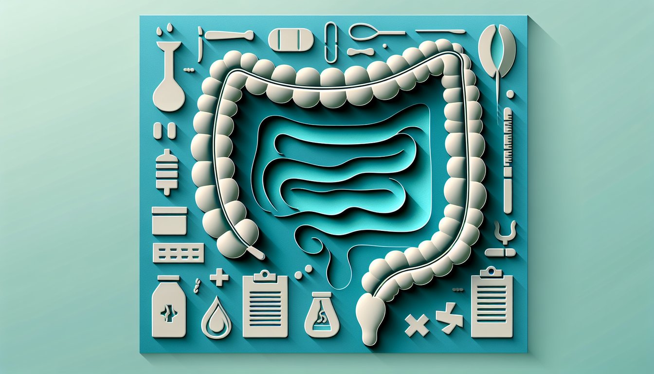 Paper art style illustration for a free scored quiz testing diverticulosis and hemorrhoids knowledge on teal background