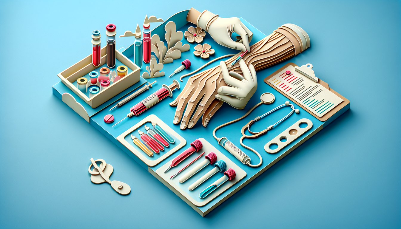 Paper art illustration showing blood collection tube and syringe next to open quiz booklet on sky blue background