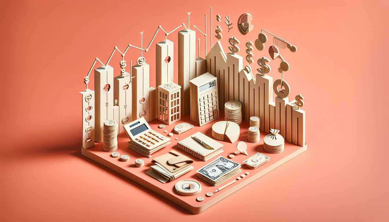 paper art style illustration of calculator coins graph documents on coral background for FBLA personal finance practice test