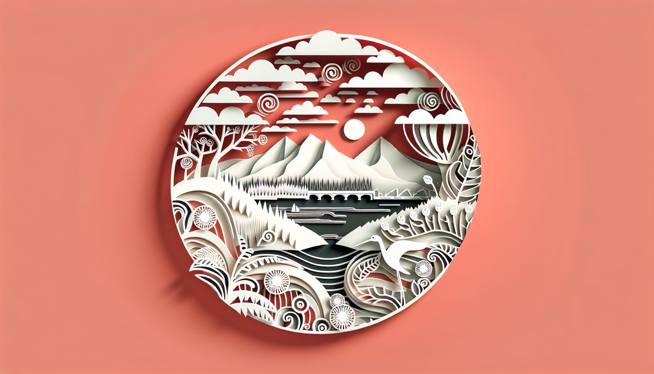 Paper art quiz design featuring New Zealand icons free NZ trivia challenge culture and history on coral background.
