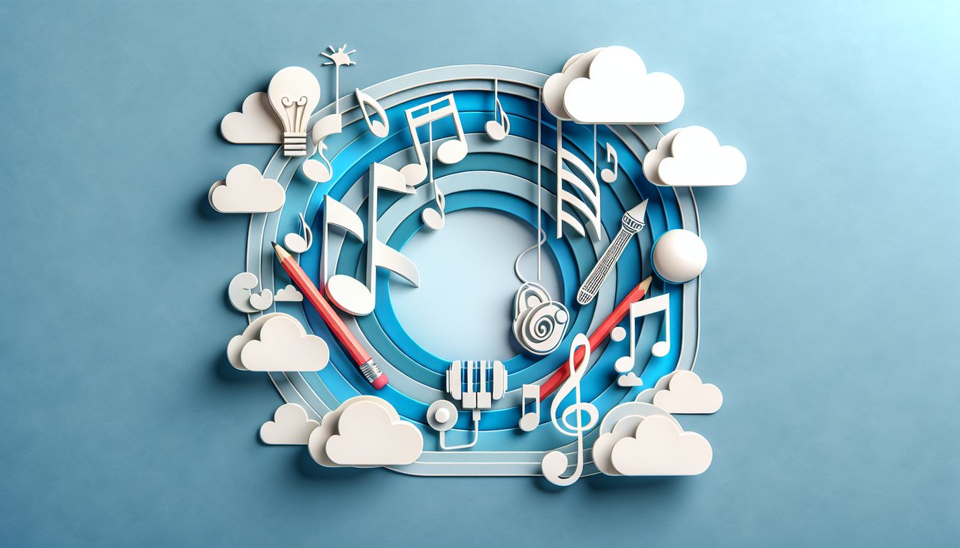 Paper art illustration of lyric sheets with missing lines musical notes and quiz icons on sky blue background