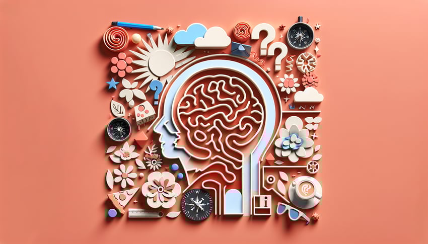 Paper art illustration for a basic personality quiz on a coral background.