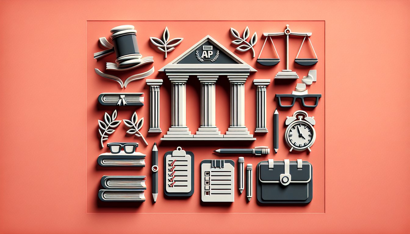 Paper art illustration of AP Government quiz concepts including writ of certiorari book charts gears on coral background