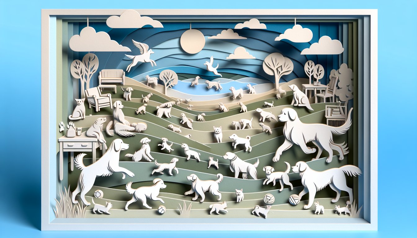 Paper art quiz illustration on sky blue background about discovering ideal dog breed based on lifestyle