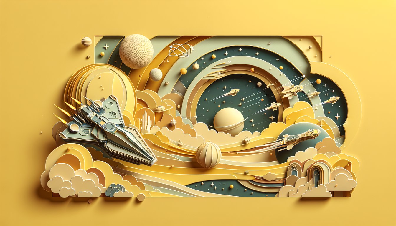 paper art style spaceship and stars on golden yellow background promoting quiz to find your Starfleet match