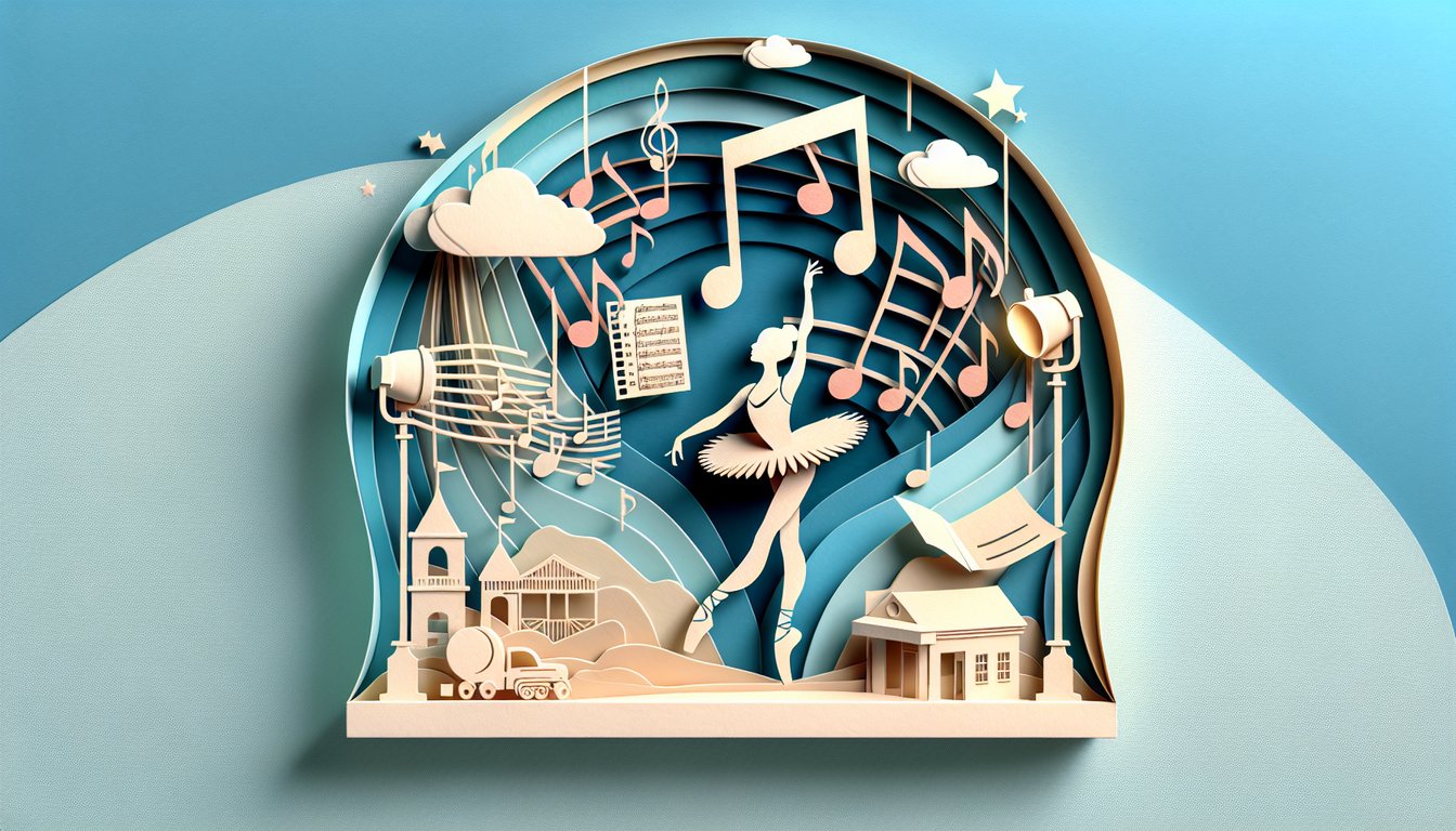 Paper art collage of ballet shoes dancers stage lights quiz icons on sky blue background for free Billy Elliot trivia