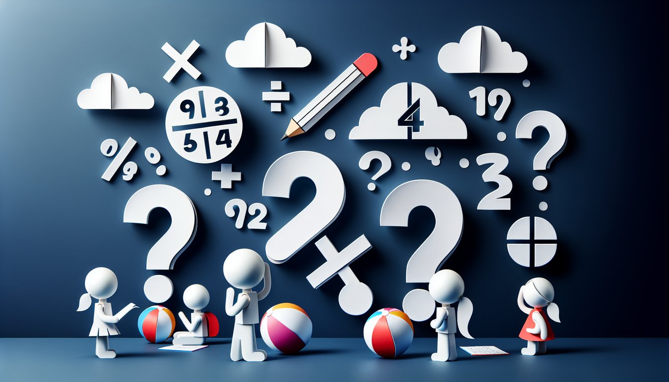 Colorful paper art promoting Division  Fraction Fun quiz for elementary math students.