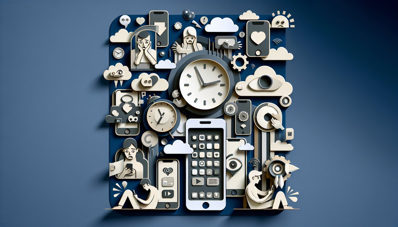 Paper art smartphone and app icons with notification bubbles on dark blue background for phone use quiz