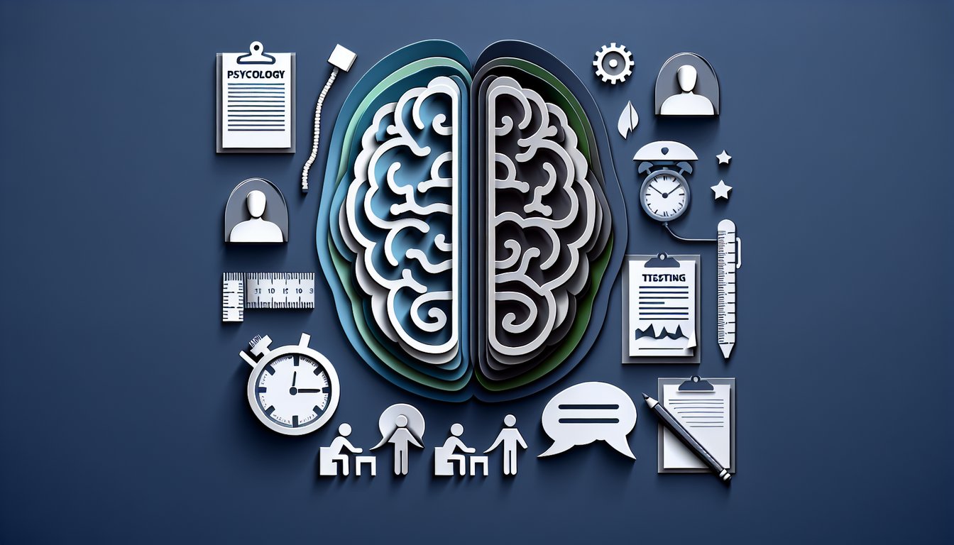 Paper art illustration for psychology practice test quiz on dark blue background