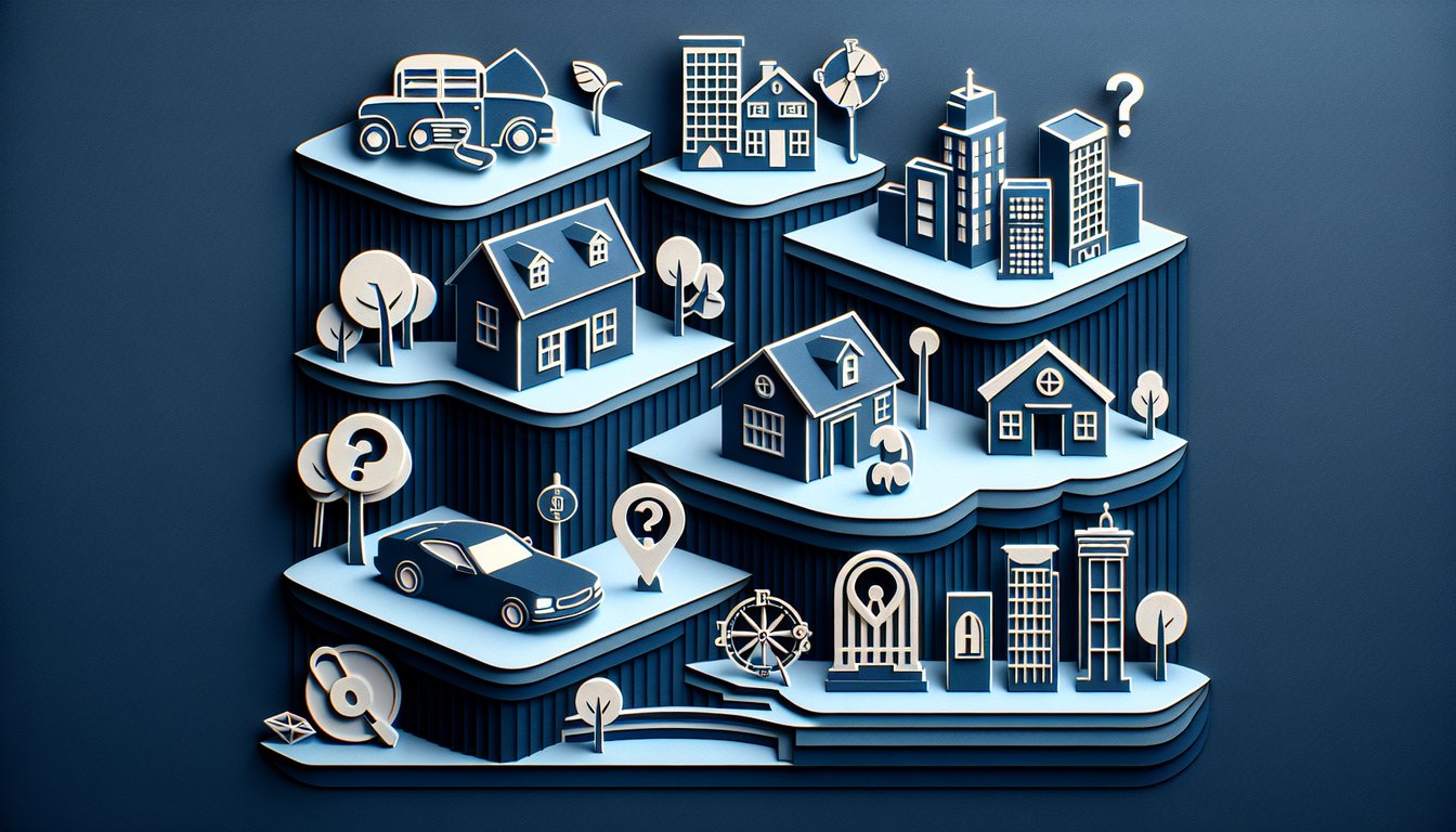 paper art collage showing house car shopping bag city skyline on dark blue background for free am i middle class quiz