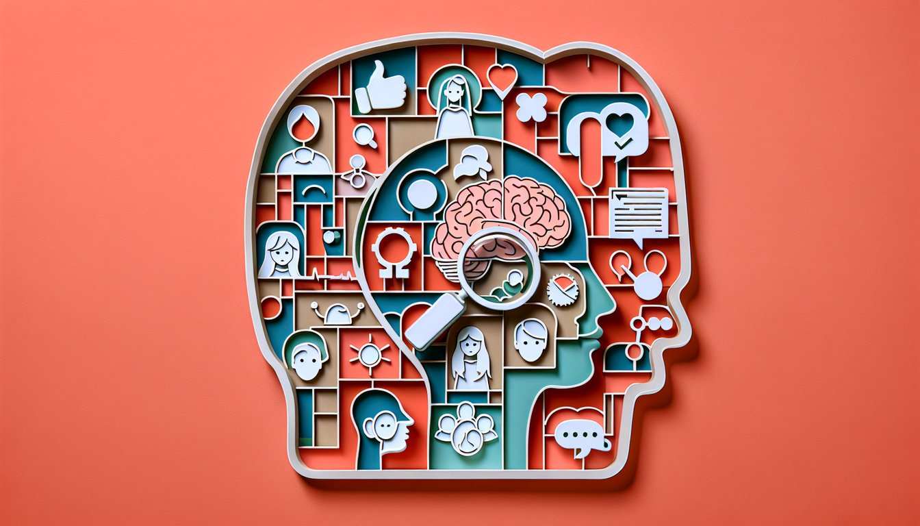 Paper art illustration showing overlapping colored person icons arranged in circle on coral background for personality quiz