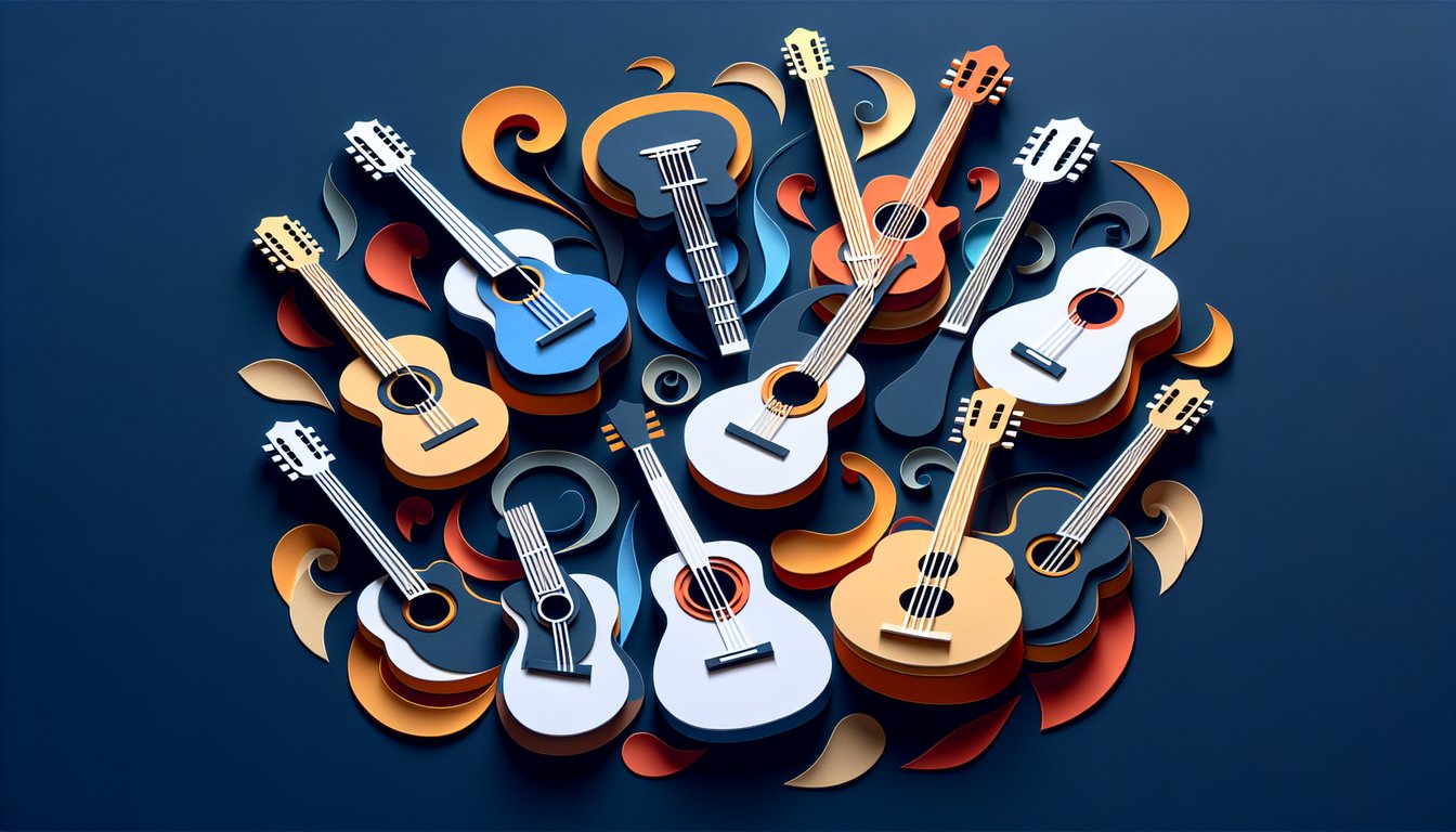 3D voxel art depicting a Guitar Ensemble course with various guitars and musicians.